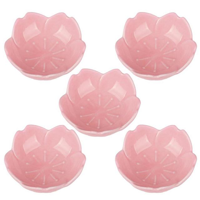 WHJY Pink Cherry Blossom Dish Set, Cute Pink Ceramic Plates, Sauce/Seasoning Dish, Sushi Dishes, Soy Dipping Bowl, Dessert, Appetizer Plates, Serving Dish for Kitchen Home – Set of 5