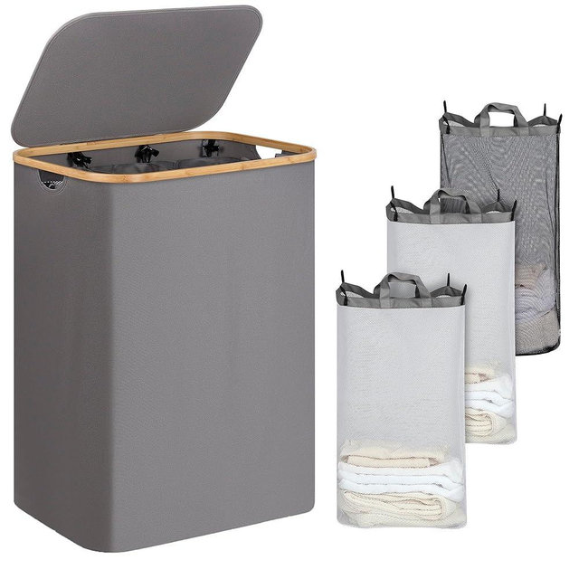 iEGrow Laundry Basket with Lid, 110L Laundry Hamper with Bamboo Handle,Clothes Basket Organizer with Removable Inner Bag for Clothes Toys Towels,Light Grey