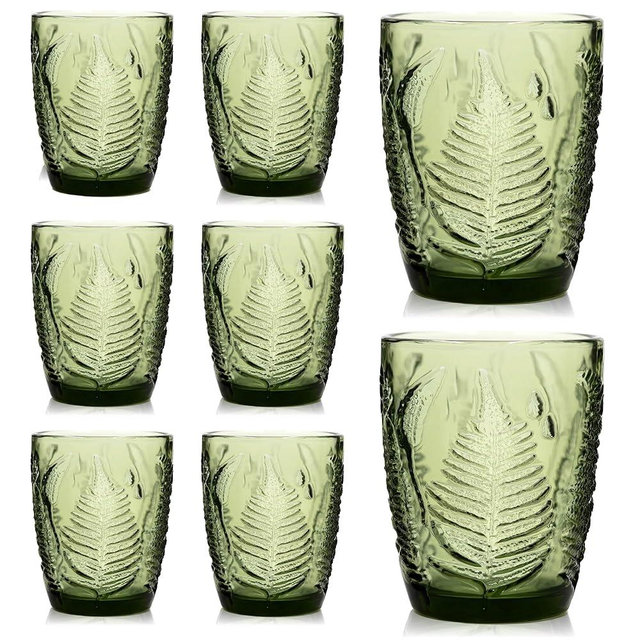 Vintage Green Drinking Glasses Set of 8, 10 oz Handcrafted Deep Textured Glass Cups, Fern Embossed Retro Colored Drinkware for Water & Cocktails, Decorative Glassware for Home & Bar, Artisan Gift Set
