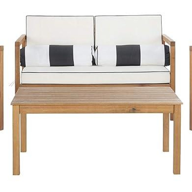 SAFAVIEH Outdoor Collection Montez Natural/ White Cushions/ Striped Bolster Pillows 4-Piece Conversation Patio Set