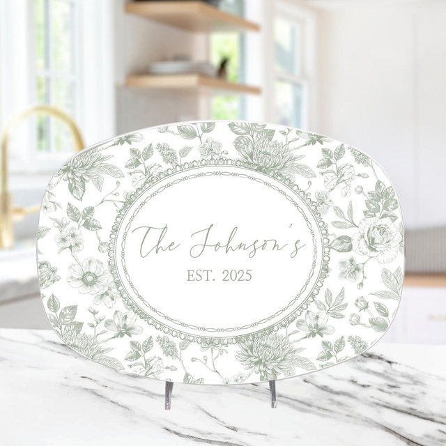 Custom Sage Green Toile de Jouy Platter Personalized Mr. and Mrs. Wedding Gift Family Name Plate Unique Gift Bride and Groom Bridal Shower
