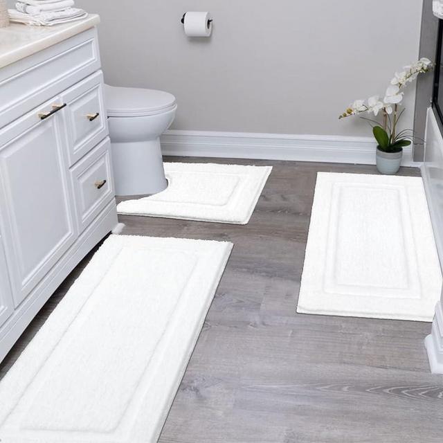 SHACOS Bathroom Runner Rugs Set of 3 Ultra Soft Bath Mat with U Shaped Toilet Rug Absorbent Non Slip Microfiber Bath Rugs for Bathroom Kitchen Bedroom, White