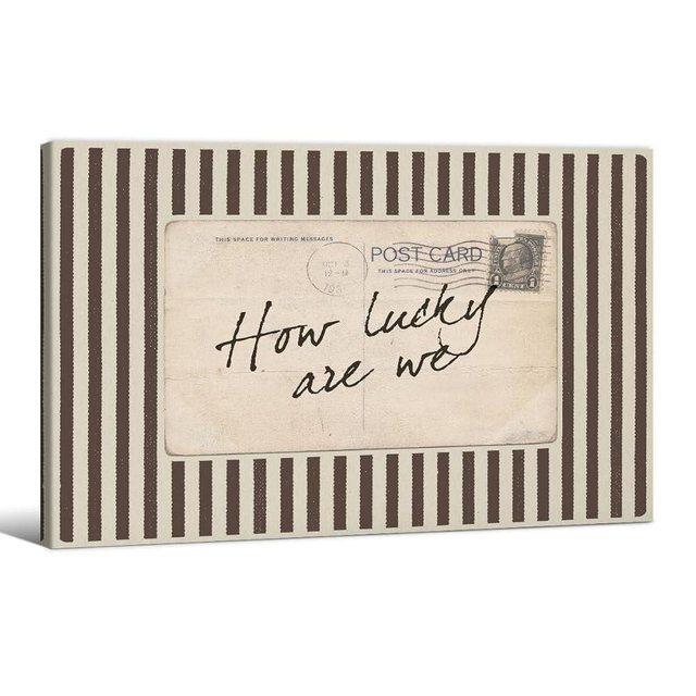 How Lucky Are We Wall Art Vintage Postcard Quote Canvas Print Fashion Brown Striped Aesthetic Poster 16X24 inch Frame for Modern Bedroom Home Wall Decor