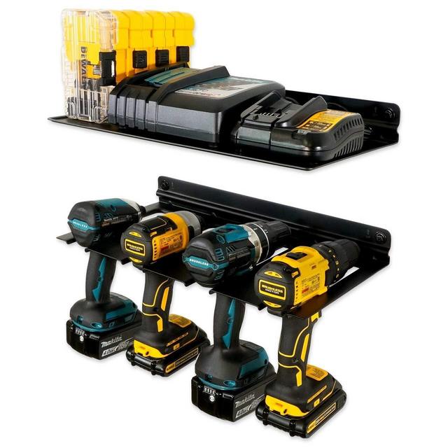 StoreYourBoard Electric Drill Storage Rack with Storage Shelf, Holds 4 Drills Batteries, Hanging Wall Mounted Organizer for Garage, Home, Workshop, Shed