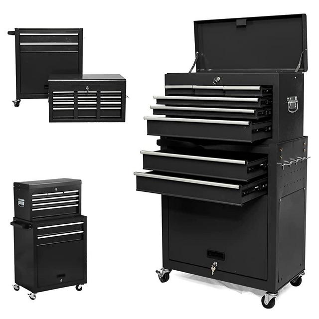 8-Drawers Rolling Tool Chest Tool Box with Wheels, 2-In-1 Detachable Tool Storage with Large Cabinet and Sliding Drawers, Removable Tool Box Organizer with Lockable for Garage, Workstation (Black)