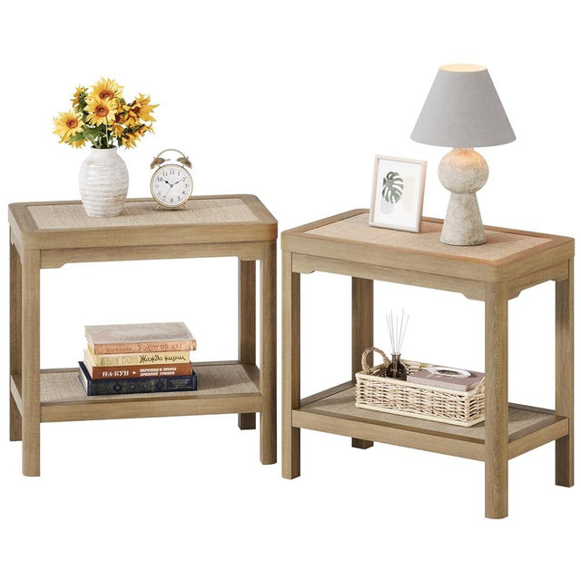 Eclatara Night Stand Set of 2, Farmhouse End Table with 2 Tier Boho Rattan Shelves, Side Tables Living Room with Round Edge Design, Ultra-Thick Legs Bedside Nightstand for Bedroom, Natural Oak