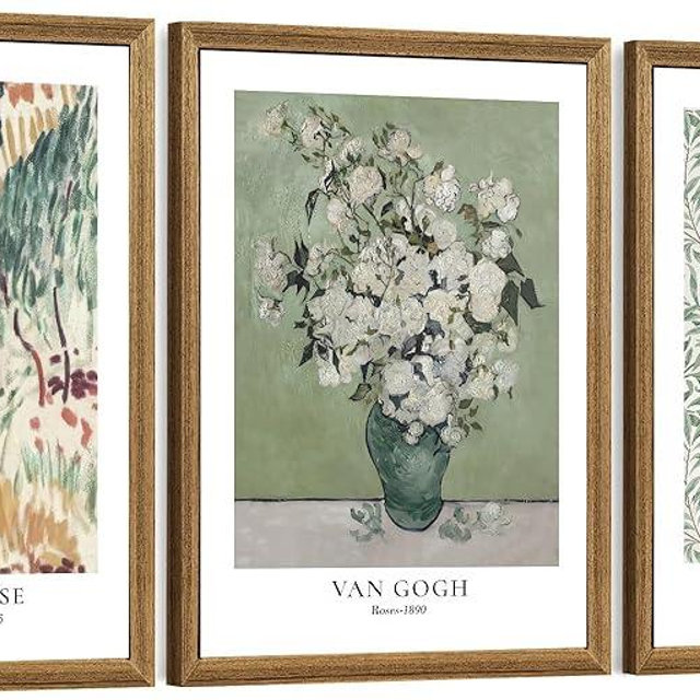 FWAHREN 3 Piece Framed Vintage Botanical Floral Canvas Wall Art Set, Matisse Van Gogh William Morris Paintings, Large Pictures Prints Wall Decor for Living Room Bedroom Bathroom Office, 12x16in
