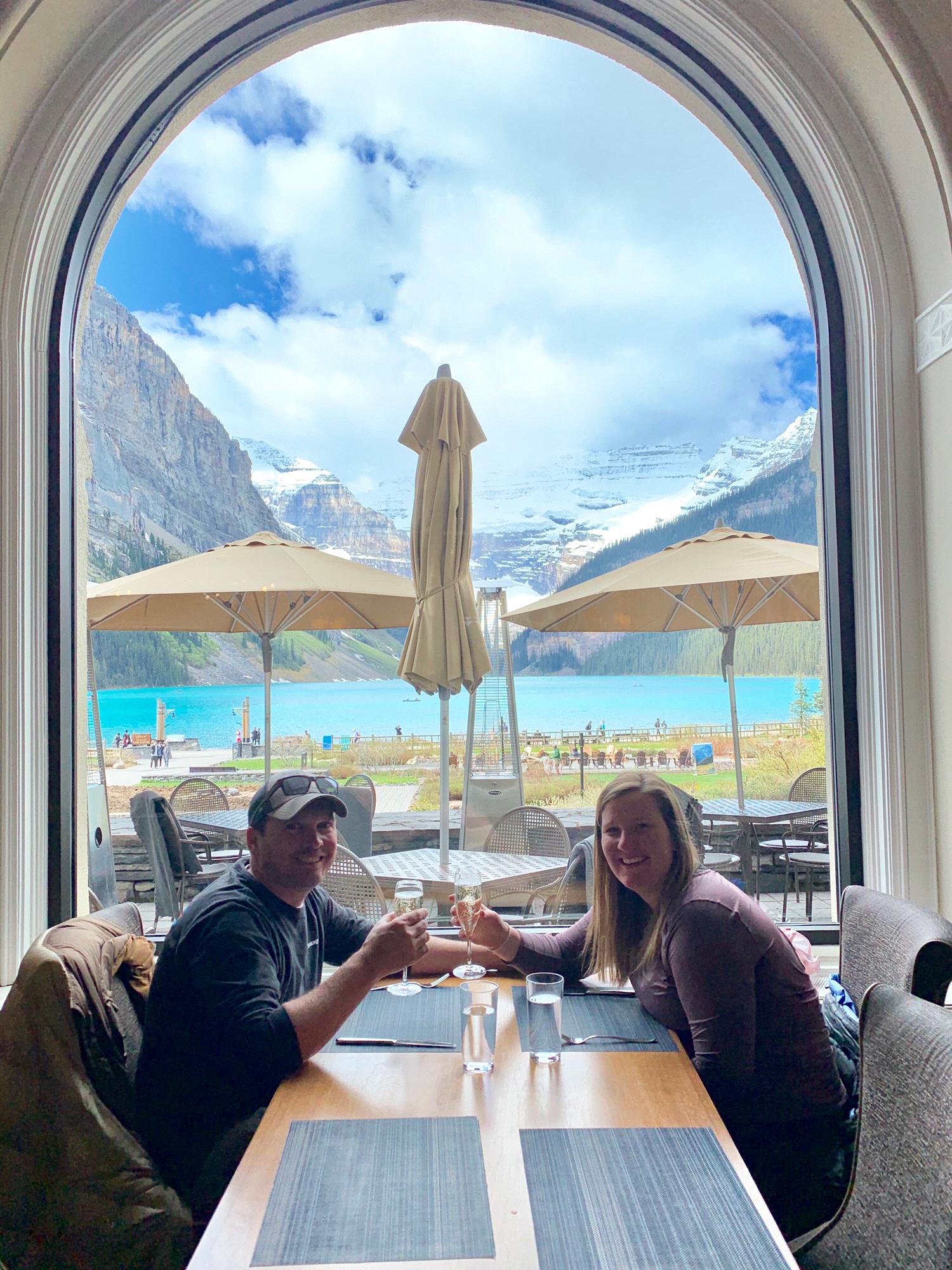 Champagne and lunch at Lake Louise to celebrate our engagement!