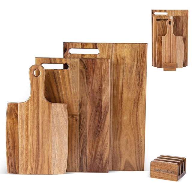 Acacia Wood Cutting Board Set of 3 with Stand – Kitchen & Charcuterie Serving Boards, Multi-Size Wooden Chopping Boards for Meat, Veggies & Fruit, Easy Clean & Space-Saving Display