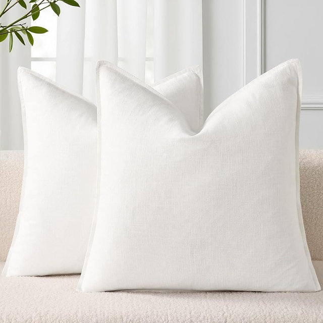 decorUhome Spring Decorative Linen Euro Sham Throw Pillow Covers 26x26 Inch Set of 2 Cream White Pillow Covers with Flange Edges Soft Farmhouse Boho Accent Pillow Cases for Couch Bed Living Room