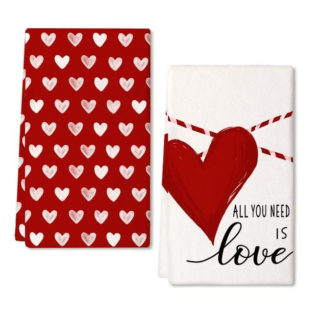 ARKENY Valentines Day Kitchen Towels Set of 2,Red Heart Love Dish Towels 18x26 Inch Drying Dishcloth,Farmhouse Home Decoration AD133