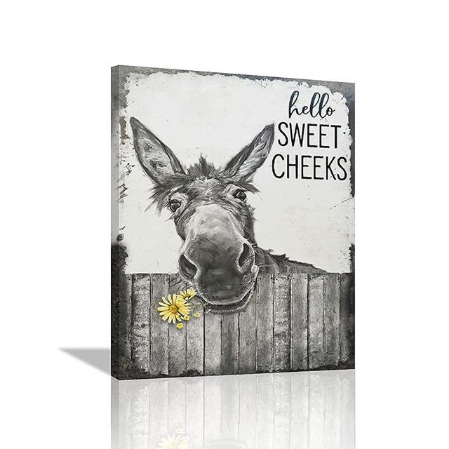 citari Farmhouse Bathroom Wall Art Hello Sweet Cheeks Donkey Poster Rustic Canvas Print Black and White Painting Funny Animal Wall Décor Donkey and Daisy Picture Country Vintage Framed Artwork 12"x16"