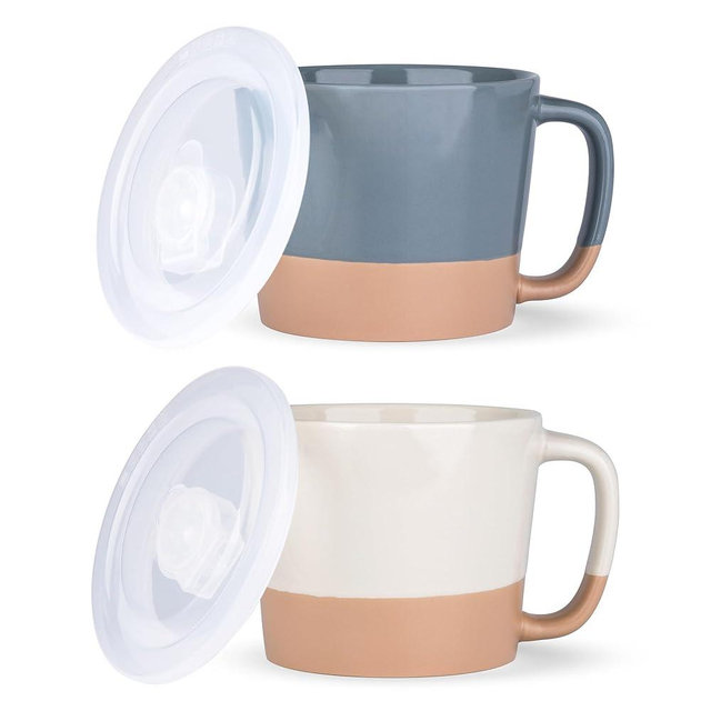 AmorArc 24 Ounces Soup Bowls with Large Handles and Lids, Stoneware Bowls for Soup, Cereal, Stew, Noodle, Colourful Ceramic Kitchen Bowls, Microwave & Dishwasher Safe (Beige & Gray, Set of 2)