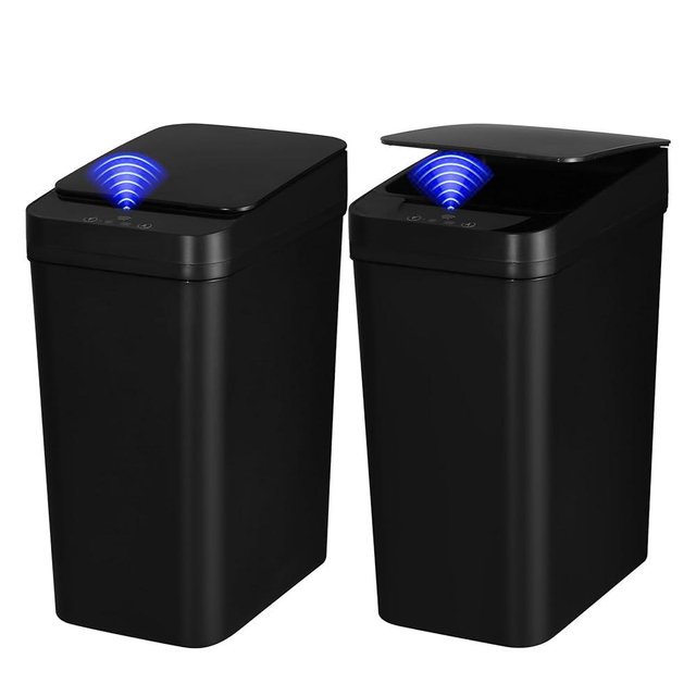 QSFWCSM 2 Pack Bathroom Trash can,Smart Touchless Trash Can,Automatic Motion Sensor Trash Bin with Lid,2.4 Gallon Garbage Can, Kitchen, Bathroom, Office, Bedroom Trash can (Black+Black)