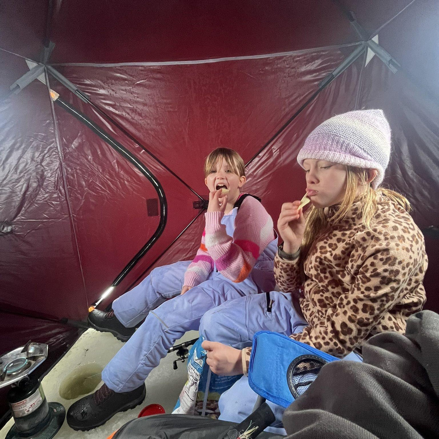 Ice fishing with Railla & Elise going as expected. No fish but lots of snacks.