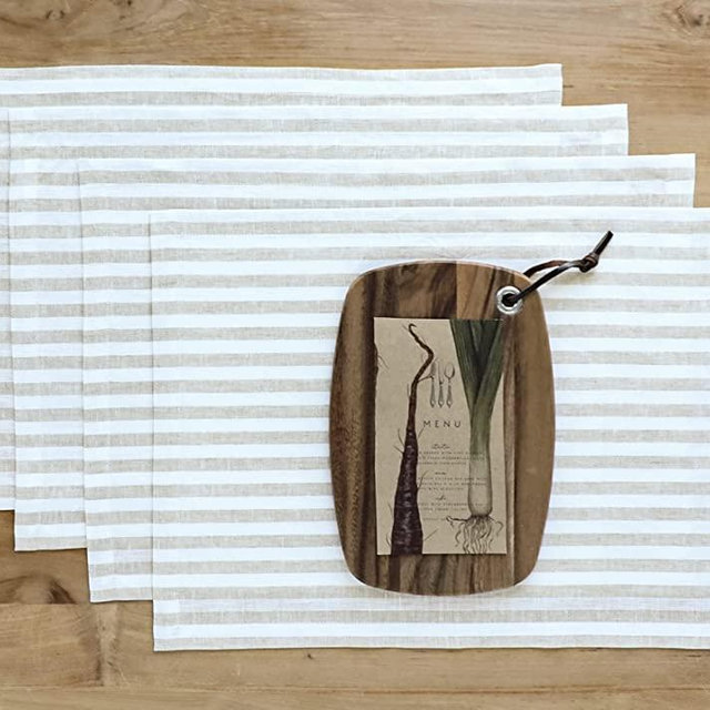 Solino Home Linen Placemats 14 x 19 Inch – Natural and White, 100% Pure Linen Fabric Placemats Set of 4 – Amalfi Stripe Tablemats for Spring, Easter – Handcrafted from European Flax