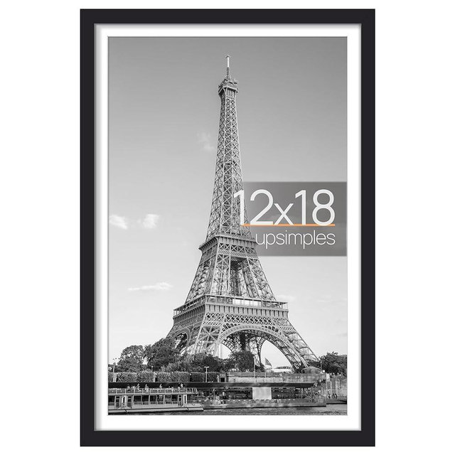 upsimples 12x18 Picture Frame, Display Pictures 11x17 with Mat or 12x18 Without Mat, Wall Hanging Photo Frame, Black, 1 Pack