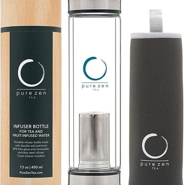 Pure Zen Tea Tumbler with Infuser - BPA Free Double Wall Glass Travel Tea Mug with Stainless Steel Filter - Leakproof Tea Bottle with Strainer for Loose Leaf Tea and Fruit Water 13 Ounce