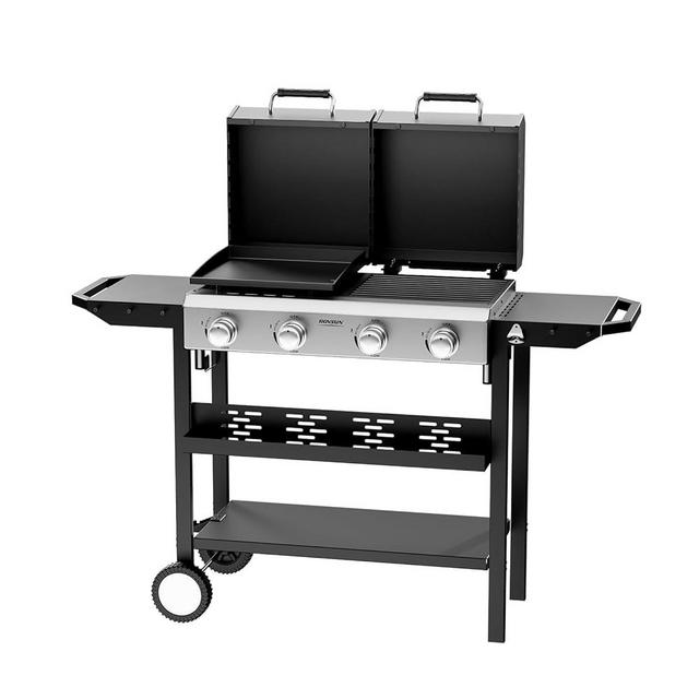 Bonnlo 2 in 1 Propane Flat Top Grill and Griddle Combo with Lid, Powerful 40,000 BTU Grills with Side Shelves & Integrated Ignition, 4 Burners Grill with Movable Wheels for Outdoor BBQ Camping Use