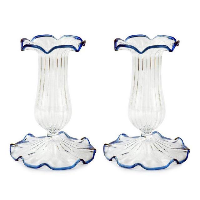 Set-Of-Two Small Scalloped Glass Candle Sticks