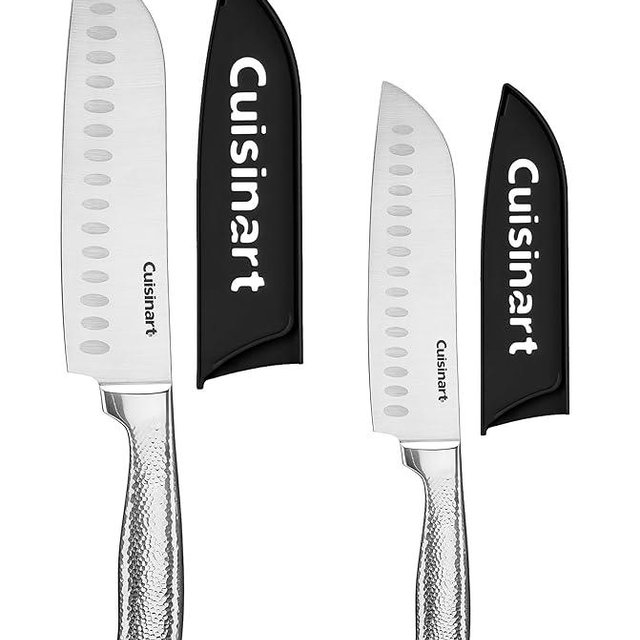 Cuisinart Classic High-Carbon Hammered Stainless Steel Forged Knife Set With Sheath Blade Gaurds (4-Piece Set) 7-Inch Santoku and 5-Inch Santoku
