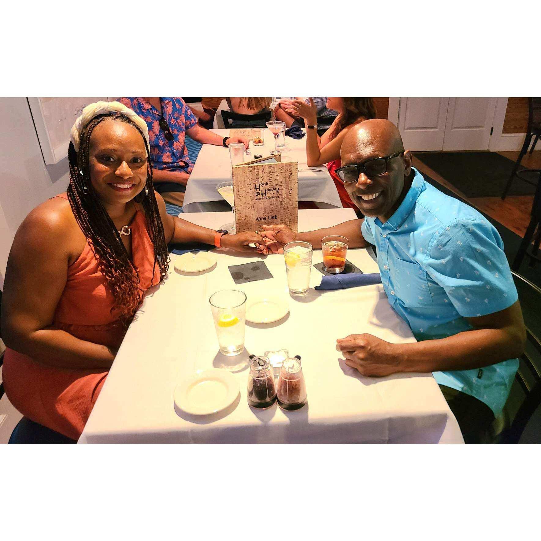 Enjoying a nice dinner on what was our first road trip!