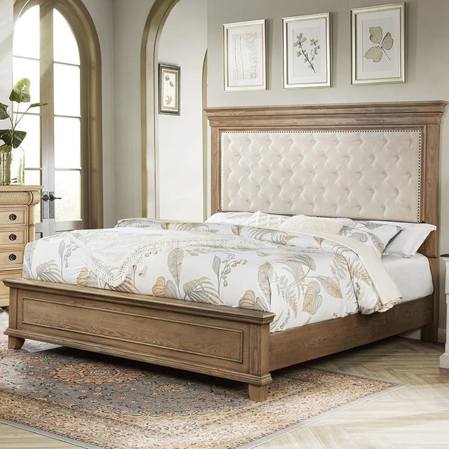 AMERLIFE 68 in Tall King Size Bed Frame with Upholstered Headboard, Solid Wood Farmhouse Platform Bed, Bohemian Tufted Wooden Panel Design, No Box Spring Needed, Light Oak