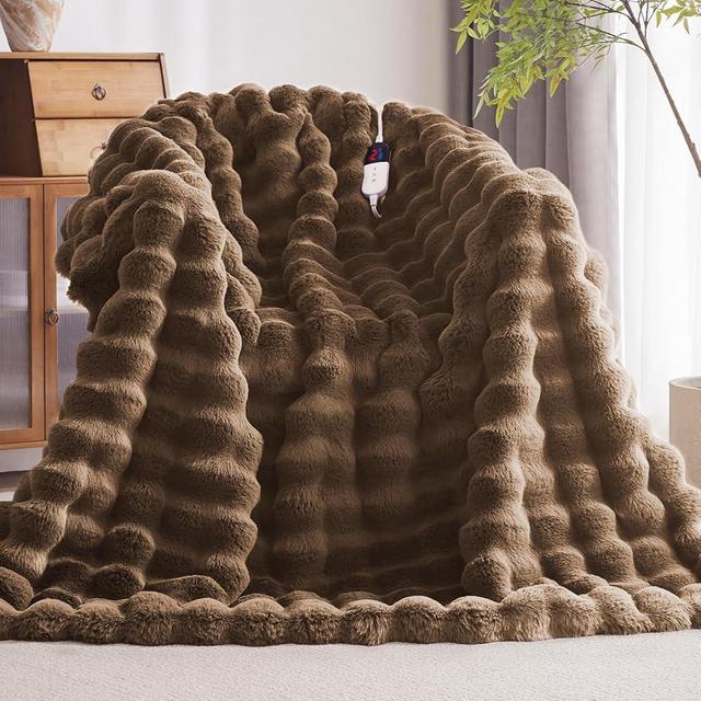 Anysay Heated Blanket Throw with 6 Hours Auto-Off 10 Heat Level, 72'' * 84'' Cozy Faux Rabbit Fur Bubble Electric Blanket with Overheat Protection, Soft Fast Heating Blanket with ETL (Brown)