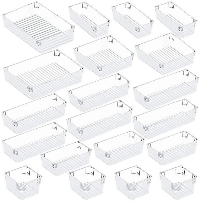 Puroma 20-pcs Desk Drawer Organizer Trays, 5 Different Sizes Large Capacity Plastic Bins Kitchen Drawer Organizers Bathroom Drawer Dividers for Makeup, Kitchen Utensils, Jewelries and Gadgets (Clear)