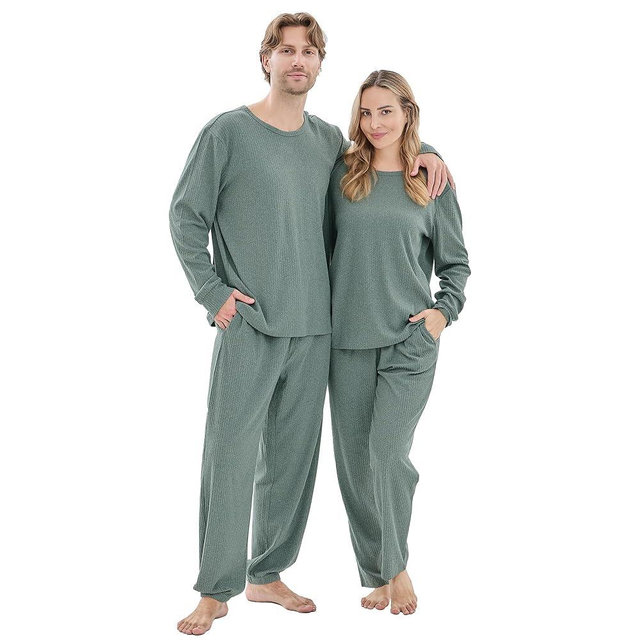 PJGGZ Ribbed Knit Matching Pajamas for Couples - Soft Cozy Pjs Long Sleeve Top & Wide Pant Sleepwear | Home & Lounge