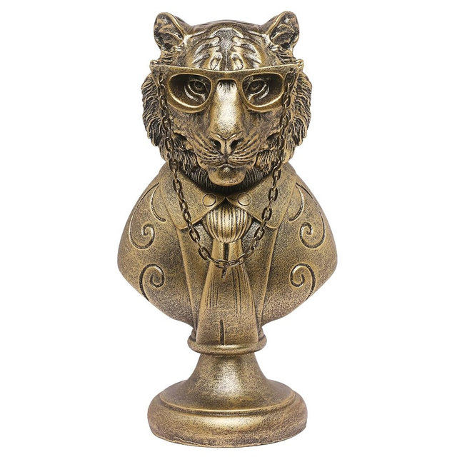 Newinhome Vintage Animal Statue Sculpture,Gold Resin Tiger Bust Figurine with Glasses & Suit, Retro Office Desk Decor for Home Living Room, Creative Gift for Animal Lovers