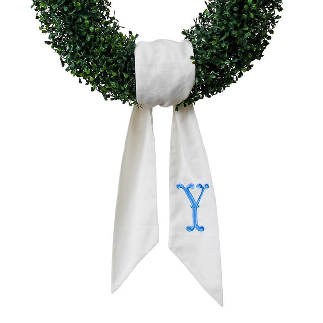 Monogram Wreath Sash for Front Door, White Embroidered Linen Wreath Sash, Porch Accessory for Xmas Party Yard, Wedding, and Boxwood Decoration, Indoor Outdoor Décor - (Y)