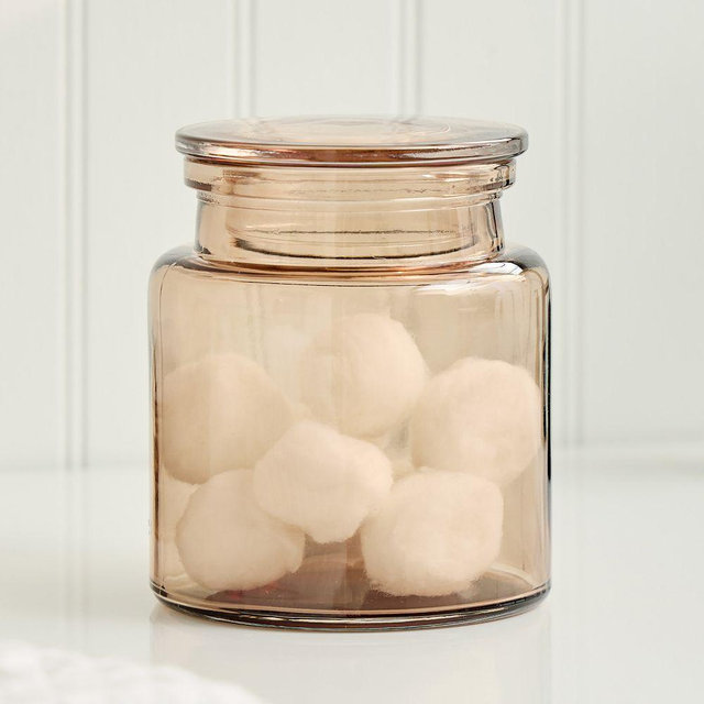 Apothecary Glass Bath Accessories, Large Lidded Canister, Smokey Taupe