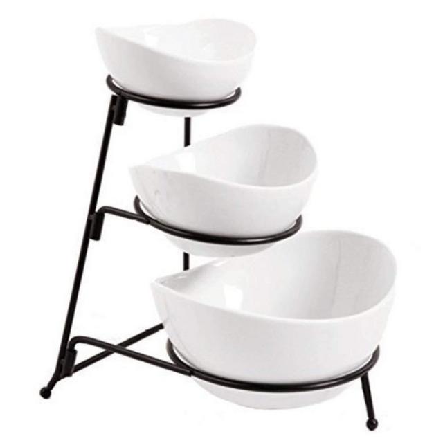 3 Tier Oval Bowl Set with Metal Rack, White Party Food Server Display Set - - Three Ceramic Bowl Serving - Dessert Appetizer Fruit Candy Chip Dip