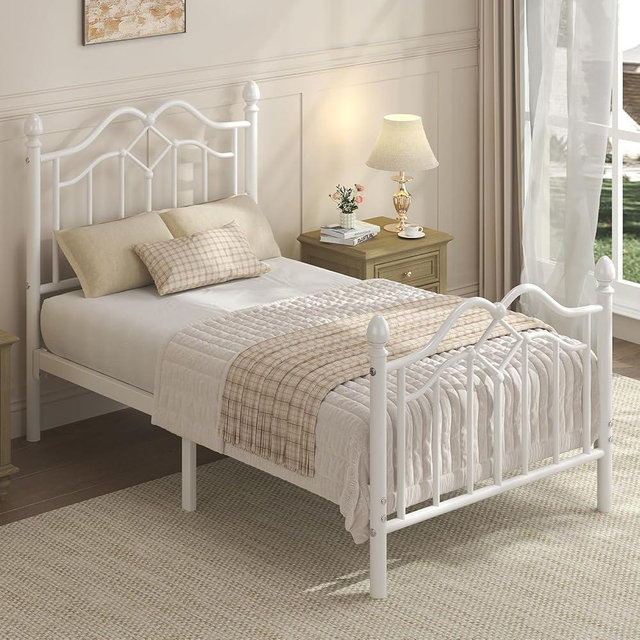 LoVinson Twin Bed Frame with Headboard and Footboard, Modern Metal Platform Bed Frame for Kids, Support Up to 800LBS, No Box Spring Needed, Noise Free, Easy Assembly, White