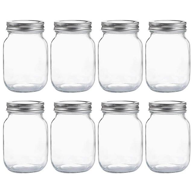 Glass Regular Mouth Mason Jars, 16 oz Clear Glass Jars with Silver Metal Lids for Sealing, Canning Jars for Food Storage, Overnight Oats, Dry Food, Snacks, Candies, DIY Projects (8PACK)