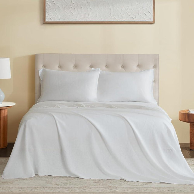 DAPU Pure Linen Sheets Set, 100% French Linen from Normandy, Breathable and Durable for Hot Sleepers, 4 Pcs Set - 1 Flat Sheet, 1 Fitted Sheet, 2 Pillowcases (White, Full)