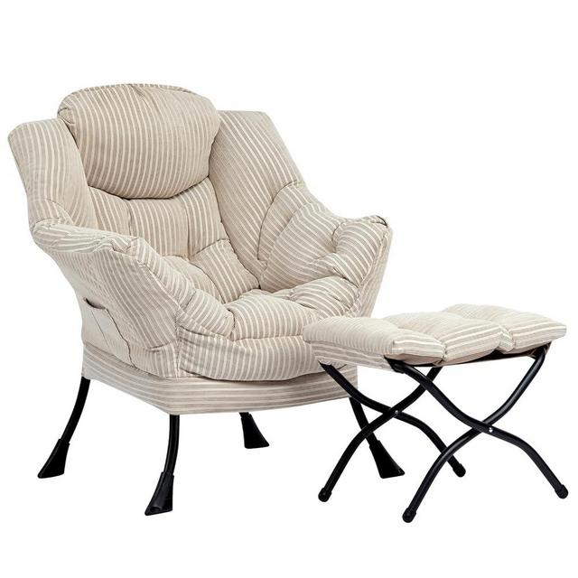 HollyHOME Lazy Chair with Foldable Ottoman, Accent Comfy Lounge Armchair and Folding Footrest Stool, Leisure Sofa Reading Chair and Footstool for Living Room, Bedroom, Dorm,Beige Stripe