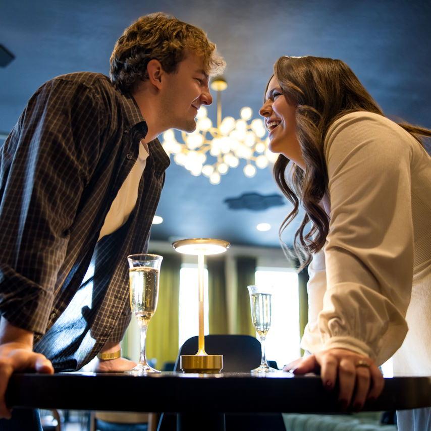 This was taken at one of our favorite local restaurants, Stylus, on our incredible engagement photoshoot with our photographer!