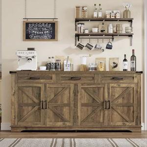 usikey 63" Large Buffet Cabinet with 4 Doors and 3 Drawers, Farmhouse Buffet Sideboard Cabinet with Storage, Coffee Bar Wine Bar for Living Room, Honey Brown