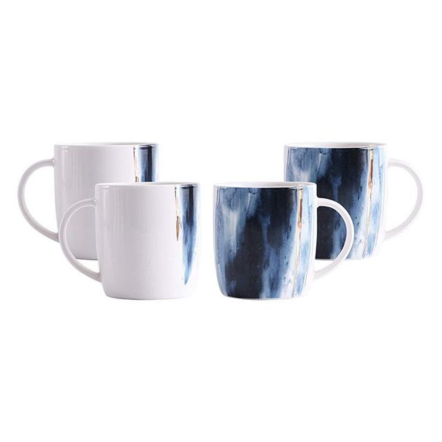 Bico Watercolor Marble Gold Navy Blue Porcelain Mugs, Set of 4, for Coffee, Tea, Drinks, Microwave Safe & Handwash Suggested