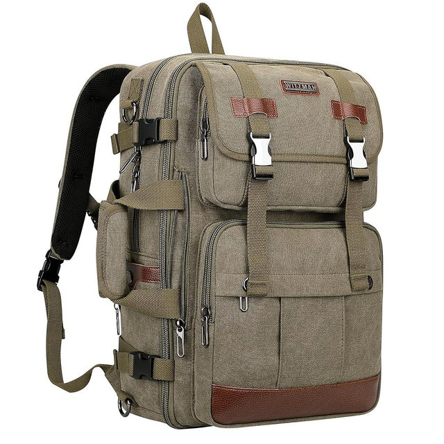 WITZMAN Canvas Travel Backpack for Men Large Laptop Backpack Fit 17 inch Carry-on Airline Approved Convertible Shoulder Rucksack(A6617-3 Army Green)
