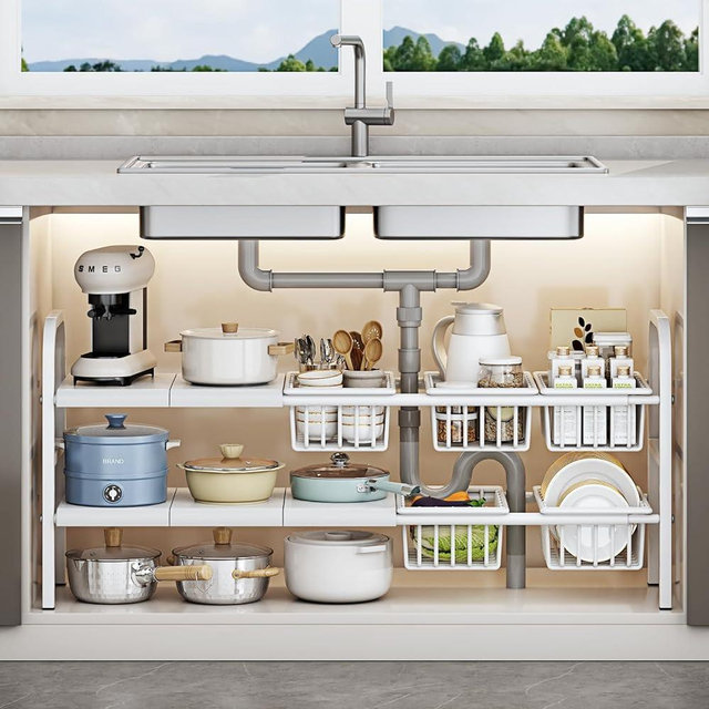 Fliqor Under Sink Organizer，2 Tier Expandable Heavy Duty Metal Shelf，with 5 Removable Panels and 5 Storage Basket for Under Kitchen Bathroom Sink Organizers and Storage(White, Large)