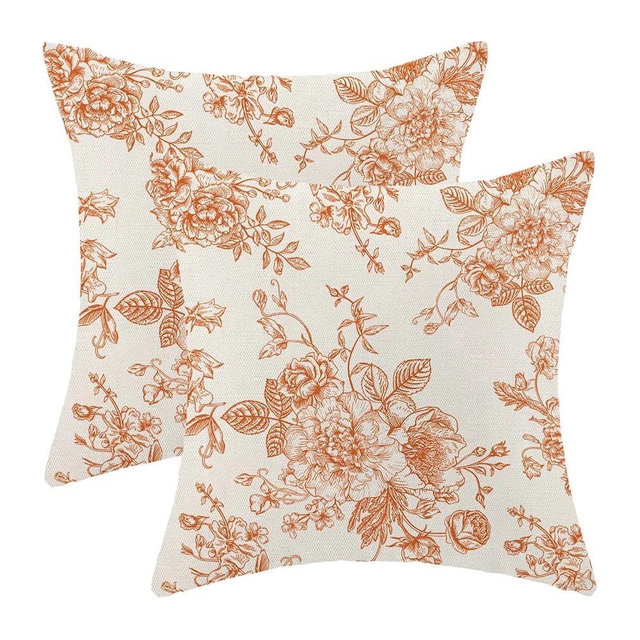 AEIOAE Burnt Orange Floral Pillow Covers 18 x 18 Inch Set of 2, Vintage Chinoiserie Flower Decorative Throw Pillow Covers Outdoor Linen Farmhouse Decor Pillowcase for Home Sofa