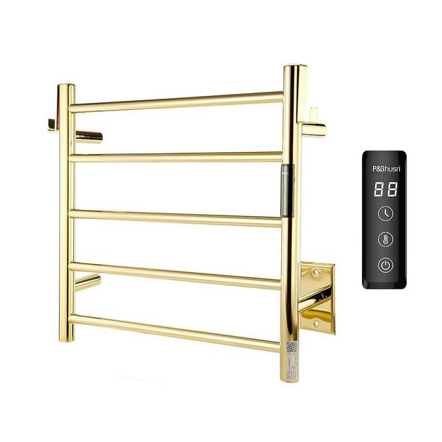 P&Bhusri Polished Gold Heated Towel Rack, 21.65" L x 17.72" H 5-bar Fast Dry Towel Warmer with Smart Timer And Thermo Control, Wall-mounted/Hard-wired Installation, Stainless Steel