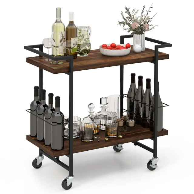 Costway Home Bar Cart 2-tier Home Bar Cart w/ Lockable Wheels & Anti-fall Guardrail