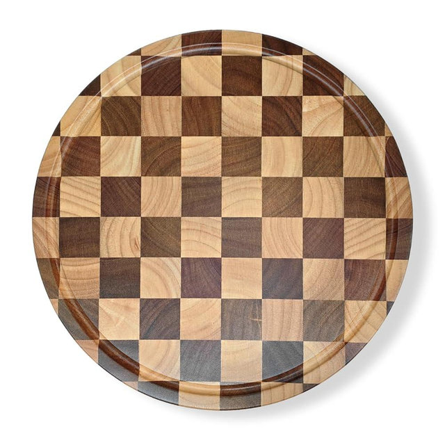 Acellegic Checkered Wood Cutting Board Round 12 IN, Acacia/rubber Wood End Grain Cutting Board with Juice Groove, Wooden Charcuterie Serving Tray for Meat Fruit Cheese Bread Kitchen Accessories