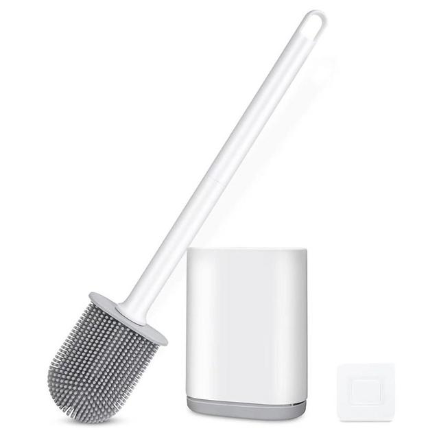 GAXMNS Silicone Toilet Brush and Holder Bendable Efficient Cleaning Wall Mounted Toilet Bowl Brush with Long Handle Brush Head and Silicone Bristles No Rusty Handles Problem (White)