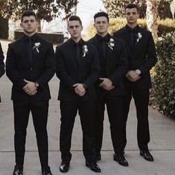 Suits/Tuxes: All black! Jacket, long sleeve shirt, tie or bowtie, pants, belt, shoes, and socks. Classic, sleek, and stylish!
