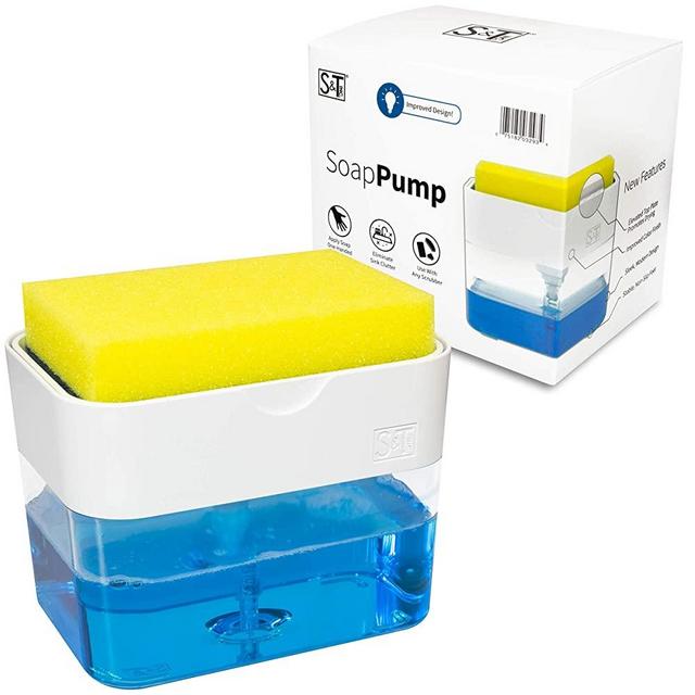 S&T INC. Countertop Dish Soap Pump Dispenser and Sponge Caddy for Kitchen Sink, Matte White